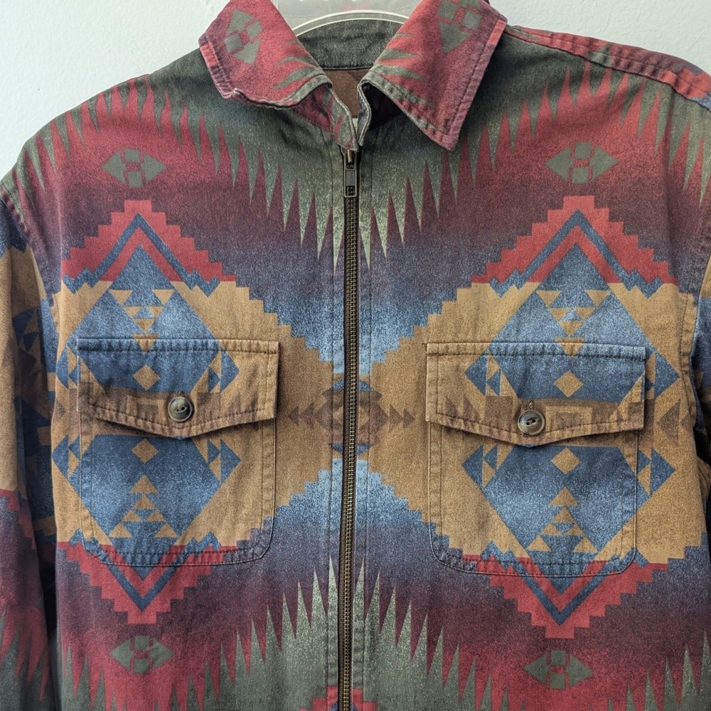 Vtg Shacket Zip Up Lightweight Tan Green Aztec Print Sz P/P Southwestern